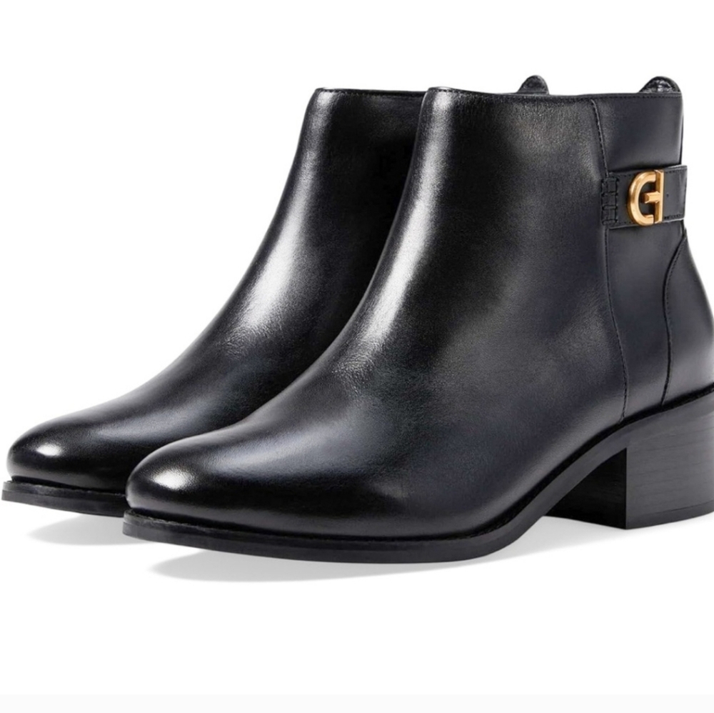 Cole Haan Womens Holis Black Leather Gold Logo Side Buckle Heeled Ankle Boot 9.5 - Picture 3 of 16